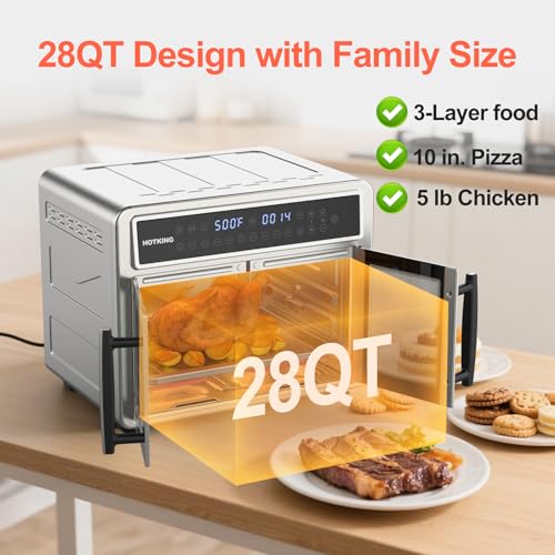 HotKing Dual-Zone Air Fryer Toaster Oven Combo, 28 QT Extra Large, Non Toxic Stainless Steel Convection Oven with French Door, Countertop Airfryer with Window, Racks, Rotisserie, Dehydrator, ETL Rated - My Kitchen Products