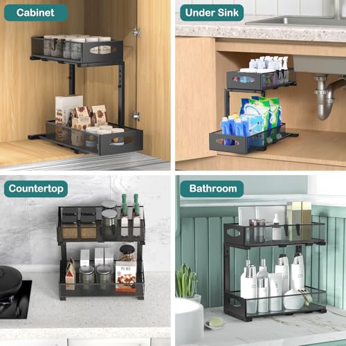 Housolution 2 Pack Under Sink Organizer, 2 Tier Metal Pull Out Under Sink Storage with Sliding Mesh Drawers, Height Adjustable Slide Out Under Sink Organizer for Kitchen Bathroom Cabinet, Black - My Kitchen Products