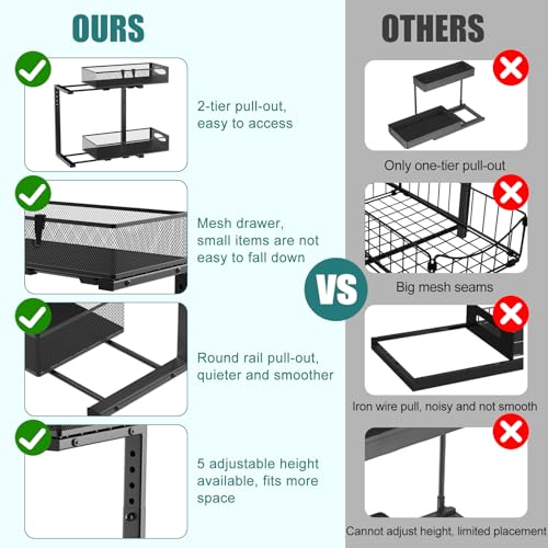Housolution 2 Pack Under Sink Organizer, 2 Tier Metal Pull Out Under Sink Storage with Sliding Mesh Drawers, Height Adjustable Slide Out Under Sink Organizer for Kitchen Bathroom Cabinet, Black - My Kitchen Products