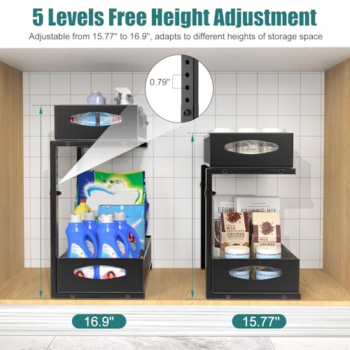 Housolution 2 Pack Under Sink Organizer, 2 Tier Metal Pull Out Under Sink Storage with Sliding Mesh Drawers, Height Adjustable Slide Out Under Sink Organizer for Kitchen Bathroom Cabinet, Black - My Kitchen Products
