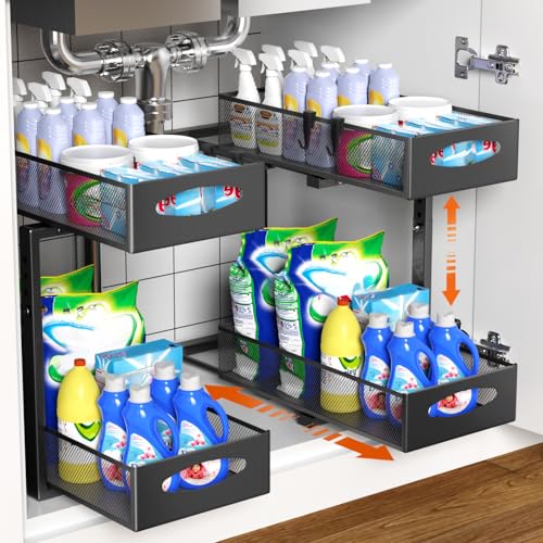 Housolution 2 Pack Under Sink Organizer, 2 Tier Metal Pull Out Under Sink Storage with Sliding Mesh