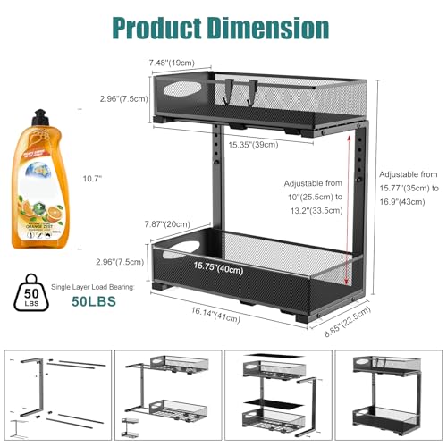Housolution 2 Pack Under Sink Organizer, 2 Tier Metal Pull Out Under Sink Storage with Sliding Mesh Drawers, Height Adjustable Slide Out Under Sink Organizer for Kitchen Bathroom Cabinet, Black - My Kitchen Products