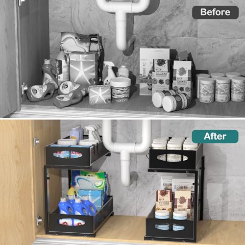 Housolution 2 Pack Under Sink Organizer, 2 Tier Metal Pull Out Under Sink Storage with Sliding Mesh Drawers, Height Adjustable Slide Out Under Sink Organizer for Kitchen Bathroom Cabinet, Black - My Kitchen Products