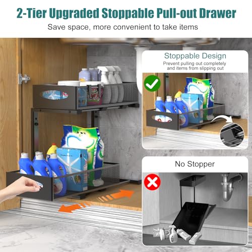 Housolution 2 Pack Under Sink Organizer, 2 Tier Metal Pull Out Under Sink Storage with Sliding Mesh Drawers, Height Adjustable Slide Out Under Sink Organizer for Kitchen Bathroom Cabinet, Black - My Kitchen Products