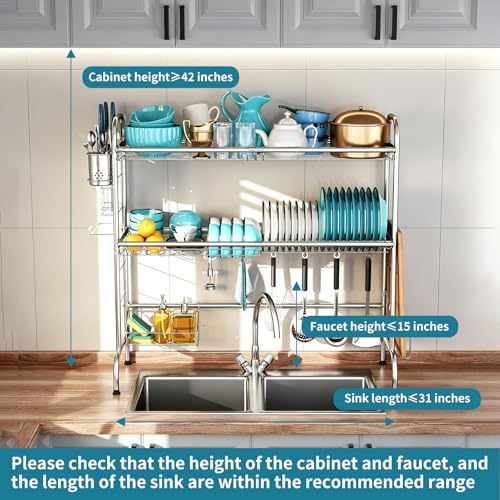 HOWDIA Stainless Steel 2-Tier Over The Sink Dish Drying Rack with Utensil Holder, Large, for Kitchen Counter - My Kitchen Products