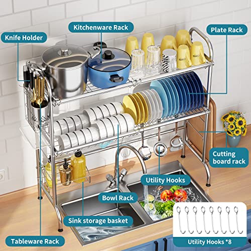 HOWDIA Stainless Steel 2-Tier Over The Sink Dish Drying Rack with Utensil Holder, Large, for Kitchen Counter - My Kitchen Products