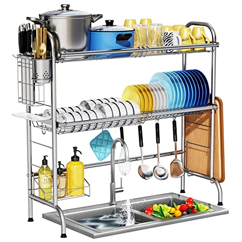 HOWDIA Stainless Steel 2-Tier Over The Sink Dish Drying Rack with Utensil Holder, Large, for Kitchen Counter - My Kitchen Products
