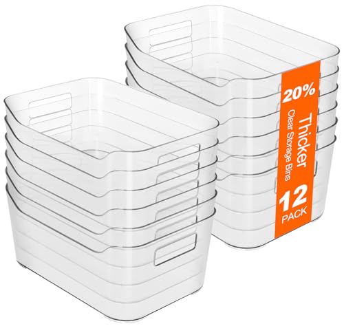 Hudgan 12 Pack Pantry Storage Bins for Kitchen Cabinet, Clear Plastic Organizer Bins for Bathroom, Pantry Organizer