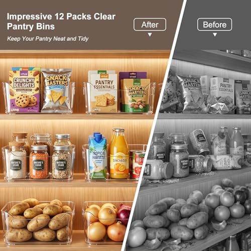 Hudgan 12 Pack Pantry Storage Bins for Kitchen Cabinet, Clear Plastic Organizer Bins for Bathroom, Pantry Organizer Containers for Home Edit, Drawer, Under Sink, Fridge - My Kitchen Products