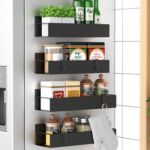 HuggieGems Metal 4 Pack Magnetic Spice Storage Rack Organizer for Refrigerator and Oven, Black Fridge Organizers and Storage, Metal - My Kitchen Products