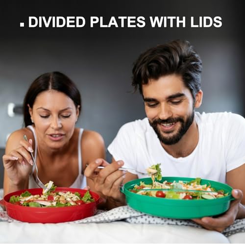 Hushee 4 Pcs Microwave Food Storage Tray Containers with Ventilation Lids 3 Compartment Divided Plates Portion Plate Fits Microwave Fridge (Round,Mixed Colors,10 x 9.2 x 1.85 Inch) - My Kitchen Products