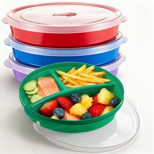 Hushee 4 Pcs Microwave Food Storage Tray Containers with Ventilation Lids 3 Compartment Divided Plates Portion Plate Fits Microwave Fridge (Round,Mixed Colors,10 x 9.2 x 1.85 Inch) - My Kitchen Products