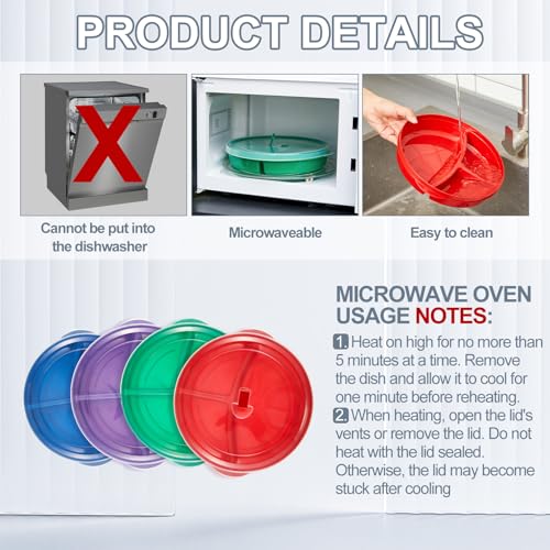 Hushee 4 Pcs Microwave Food Storage Tray Containers with Ventilation Lids 3 Compartment Divided Plates Portion Plate Fits Microwave Fridge (Round,Mixed Colors,10 x 9.2 x 1.85 Inch) - My Kitchen Products