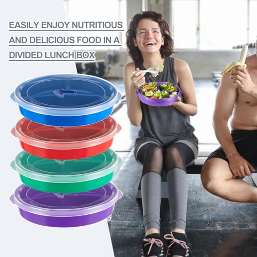 Hushee 4 Pcs Microwave Food Storage Tray Containers with Ventilation Lids 3 Compartment Divided Plates Portion Plate Fits Microwave Fridge (Round,Mixed Colors,10 x 9.2 x 1.85 Inch) - My Kitchen Products