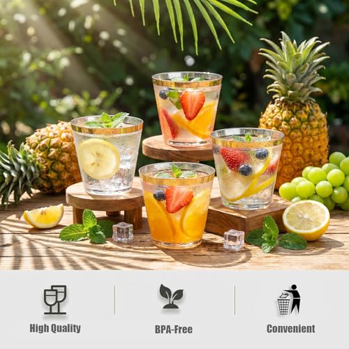 I00000 200 Pack Gold Plastic Cups, 9 Oz Elegant Clear Plastic Cups Gold Rimmed Disposable Wine Glasses Fancy Disposable Party Cup Wedding Cup Drinking Tumblers Cocktail Glasses Perfect for Party - My Kitchen Products
