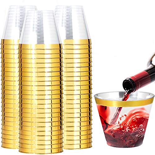 I00000 200 Pack Gold Plastic Cups, 9 Oz Elegant Clear Plastic Cups Gold Rimmed Disposable Wine Glasses Fancy Disposable Party Cup Wedding Cup Drinking Tumblers Cocktail Glasses Perfect for Party - My Kitchen Products
