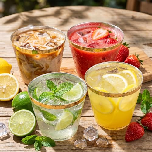 I00000 200 Pack Gold Plastic Cups, 9 Oz Elegant Clear Plastic Cups Gold Rimmed Disposable Wine Glasses Fancy Disposable Party Cup Wedding Cup Drinking Tumblers Cocktail Glasses Perfect for Party - My Kitchen Products