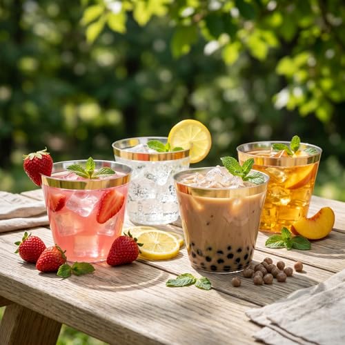 I00000 200 Pack Gold Plastic Cups, 9 Oz Elegant Clear Plastic Cups Gold Rimmed Disposable Wine Glasses Fancy Disposable Party Cup Wedding Cup Drinking Tumblers Cocktail Glasses Perfect for Party - My Kitchen Products