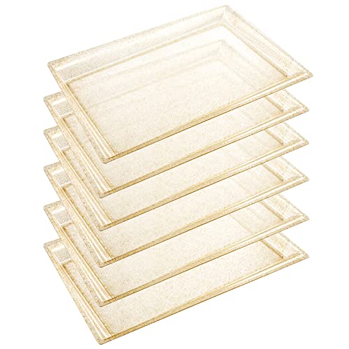 I00000 6 Pack Gold Glitter Plastic Serving Tray, 15" x 10" Crooked Food Trays, Clear Disposable Serving Platter for Parties