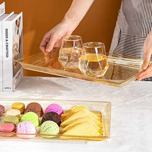 I00000 6 Pack Gold Glitter Plastic Serving Tray, 15" x 10" Crooked Food Trays, Clear Disposable Serving Platter for Parties, Weddings - My Kitchen Products