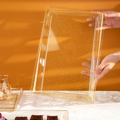 I00000 6 Pack Gold Glitter Plastic Serving Tray, 15" x 10" Crooked Food Trays, Clear Disposable Serving Platter for Parties, Weddings - My Kitchen Products