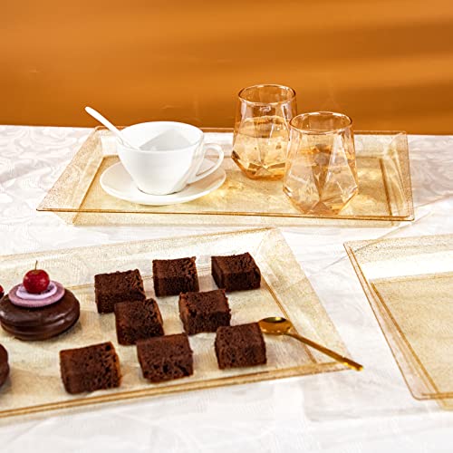 I00000 6 Pack Gold Glitter Plastic Serving Tray, 15" x 10" Crooked Food Trays, Clear Disposable Serving Platter for Parties, Weddings - My Kitchen Products