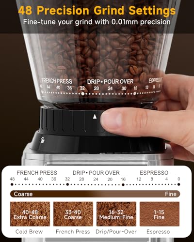 IAGREEA Conical Burr Coffee Grinder, 48 Grind Settings, 450RPM Low-Speed Anti-Static, Precision Timer, Portafilter Holder for Espresso, Drip, French Press, Cold Brew, Stainless Steel - My Kitchen Products