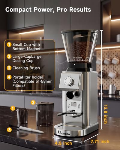 IAGREEA Conical Burr Coffee Grinder, 48 Grind Settings, 450RPM Low-Speed Anti-Static, Precision Timer, Portafilter Holder for Espresso, Drip, French Press, Cold Brew, Stainless Steel - My Kitchen Products