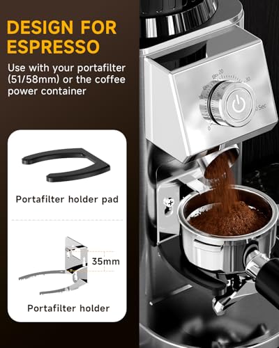 IAGREEA Conical Burr Coffee Grinder, 48 Grind Settings, 450RPM Low-Speed Anti-Static, Precision Timer, Portafilter Holder for Espresso, Drip, French Press, Cold Brew, Stainless Steel - My Kitchen Products