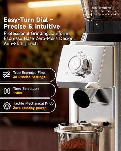 IAGREEA Conical Burr Coffee Grinder, 48 Grind Settings, 450RPM Low-Speed Anti-Static, Precision Timer, Portafilter Holder for Espresso, Drip, French Press, Cold Brew, Stainless Steel - My Kitchen Products