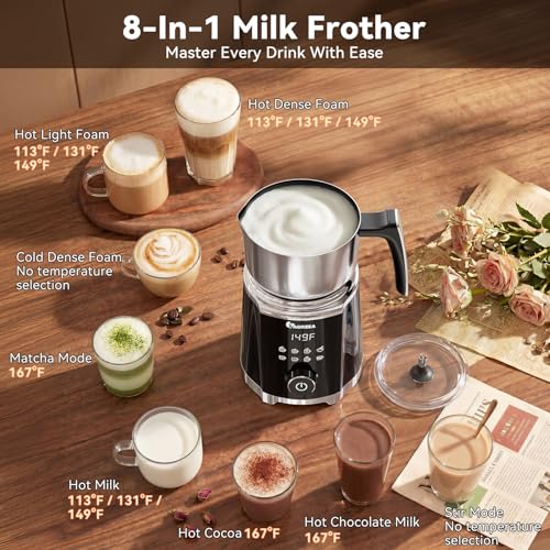 IAGREEA Milk Frother, 8 in 1 Large Hot and Cold Foam Maker (600ml), Detachable Milk Steamer Jug for Latte, Matcha, Hot Chocolate, Stainless Steel, Dishwasher Safe - My Kitchen Products