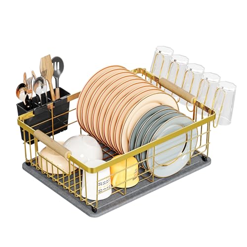 IBEDMAZIE Dish Drying Rack Gold with Diatomaceous Earth 1 Tier,Multifunctional Dish Racks for Kitchen Counter Quick-Drying,Large Capacity Space Saving with Cutlery Cups Holder - My Kitchen Products
