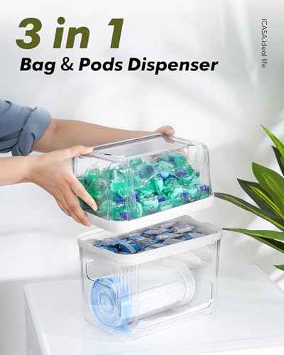 iCASA Trash Bag and Dishwasher Pod Dispenser - 3 in 1 Clear Storage Bins Holder for 13/30/33 Gallon Garbage Bags, Laundry Detergent Pods & Tabs, Under Sink Organizer for Kitchen and Laundry Room - My Kitchen Products