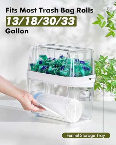 iCASA Trash Bag and Dishwasher Pod Dispenser - 3 in 1 Clear Storage Bins Holder for 13/30/33 Gallon Garbage Bags, Laundry Detergent Pods & Tabs, Under Sink Organizer for Kitchen and Laundry Room - My Kitchen Products