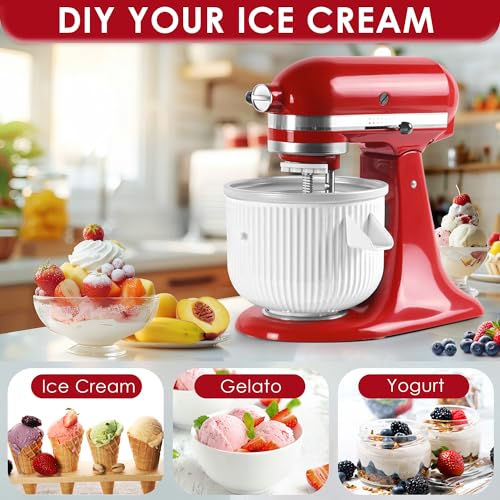 Ice Cream Maker Attachment for KitchenAid Mixers, Fits KitchenAid 4.5/5QT & 6QT Stand Mixers, Frozen Ice Cream & Sorbet Gelato Maker for KitchenAid, 2 Quart, White(Machine/Mixer Not Included) - My Kitchen Products