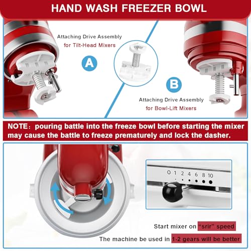 Ice Cream Maker Attachment for KitchenAid Stand Mixer, Compatible with 4.5/5QT & 6QT Stand Mixers, 2 Quart Frozen Kitchenaid Ice Cream Maker Attachment Ice Cream Bowl for Yogurt/Sorbet Gelato - My Kitchen Products