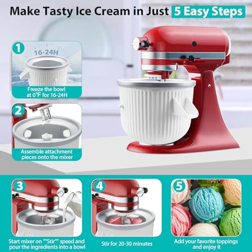 Ice Cream Maker Attachment for KitchenAid Stand Mixer, Ice Cream Bowl Compatible with 4.5Qt and Larger Stand Mixers, Ice Cream & Sorbet Gelato Maker Attachment, 2 Quart, White - My Kitchen Products