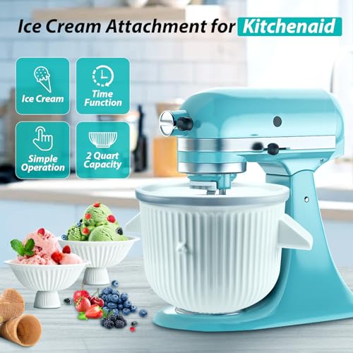 Ice Cream Maker Attachment for KitchenAid Stand Mixer, Ice Cream Bowl Compatible with 4.5Qt and Larger Stand Mixers, Ice Cream & Sorbet Gelato Maker Attachment, 2 Quart, White - My Kitchen Products
