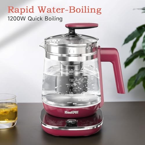 ICOOKPOT Hot Tea Maker Glass Electric Kettle With Tea Infuser And Temperature Control, 1.5L Stainless Steel, 1200W Rapid Boiling, Programmable Control For Your Favorite Teas And Coffee, Red - My Kitchen Products