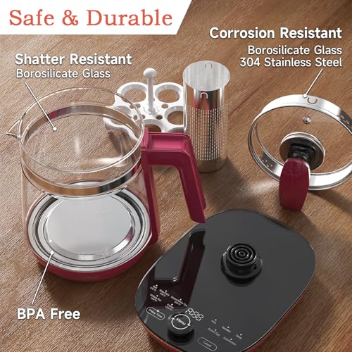 ICOOKPOT Hot Tea Maker Glass Electric Kettle With Tea Infuser And Temperature Control, 1.5L Stainless Steel, 1200W Rapid Boiling, Programmable Control For Your Favorite Teas And Coffee, Red - My Kitchen Products