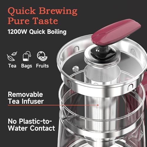 ICOOKPOT Hot Tea Maker Glass Electric Kettle With Tea Infuser And Temperature Control, 1.5L Stainless Steel, 1200W Rapid Boiling, Programmable Control For Your Favorite Teas And Coffee, Red - My Kitchen Products