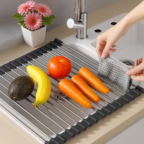 IDEAS MOLDE-ART Over Sink Dish Dryng Rack - Roll Up Stainless Stell & Silicone Drying mat, Heat Resistant, Non-Slip & Foldable, Space Saving Kitchen Organizer (17.3"x 15.7")(Black) - My Kitchen Products