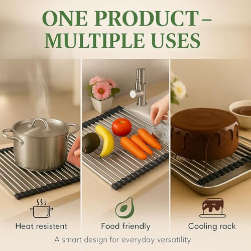 IDEAS MOLDE-ART Over Sink Dish Dryng Rack - Roll Up Stainless Stell & Silicone Drying mat, Heat Resistant, Non-Slip & Foldable, Space Saving Kitchen Organizer (17.3"x 15.7")(Black) - My Kitchen Products