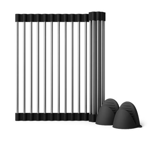 IDEAS MOLDE-ART Over Sink Dish Dryng Rack - Roll Up Stainless Stell & Silicone Drying mat, Heat Resistant, Non-Slip & Foldable, Space Saving Kitchen Organizer (17.3"x 15.7")(Black) - My Kitchen Products