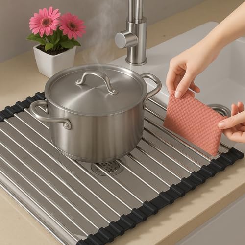 IDEAS MOLDE-ART Over Sink Dish Dryng Rack - Roll Up Stainless Stell & Silicone Drying mat, Heat Resistant, Non-Slip & Foldable, Space Saving Kitchen Organizer (17.3"x 15.7")(Black) - My Kitchen Products