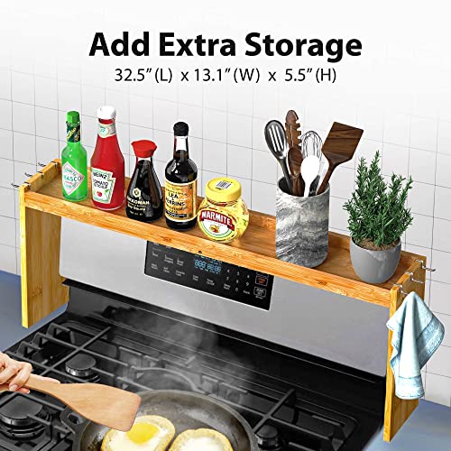 IIIOIIIA Bamboo Over the Stove Spice Shelf for Kitchen, 31.5" Spice Rack Organizer Shelf with 6 hooks, 11.4" Height Extra Storage Countertop, Easy to Assemble - My Kitchen Products