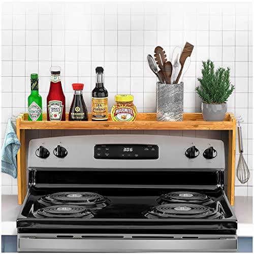 IIIOIIIA Bamboo Over the Stove Spice Shelf for Kitchen, 31.5" Spice Rack Organizer Shelf with 6 hooks, 11.4" Height Extra Storage Countertop, Easy to Assemble - My Kitchen Products