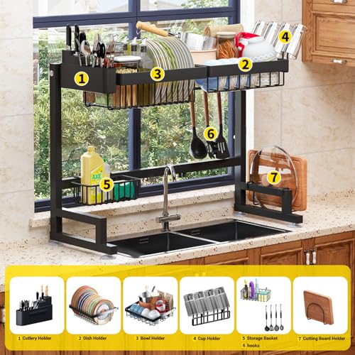 ilvvan Over Sink Dish Drying Rack (Expandable Height/Length) Snap-On Design Large Dish Drainer Storage Counter Organizer 24" - 35.5"(L) x 12"(W) x 19" - 22"(H) - My Kitchen Products