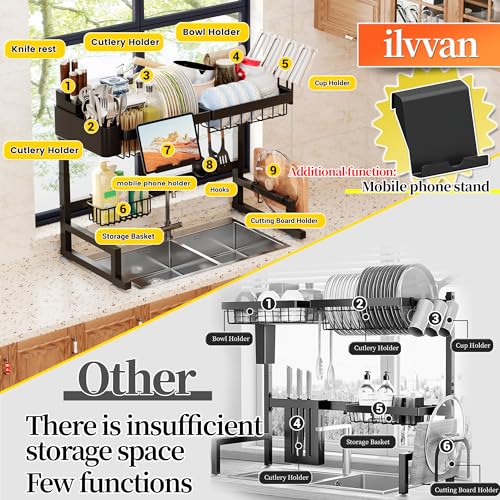 ilvvan Over Sink Dish Drying Rack (Expandable Height/Length) Snap-On Design Large Dish Drainer Storage Counter Organizer 24" - 35.5"(L) x 12"(W) x 19" - 22"(H) - My Kitchen Products