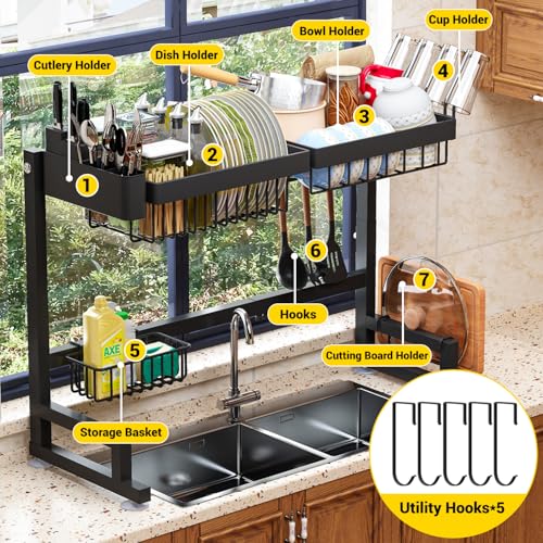 ilvvan Over Sink Dish Drying Rack (Expandable Height/Length) Snap-On Design Large Dish Drainer Storage Counter Organizer 24" - 35.5"(L) x 12"(W) x 19" - 22"(H) - My Kitchen Products